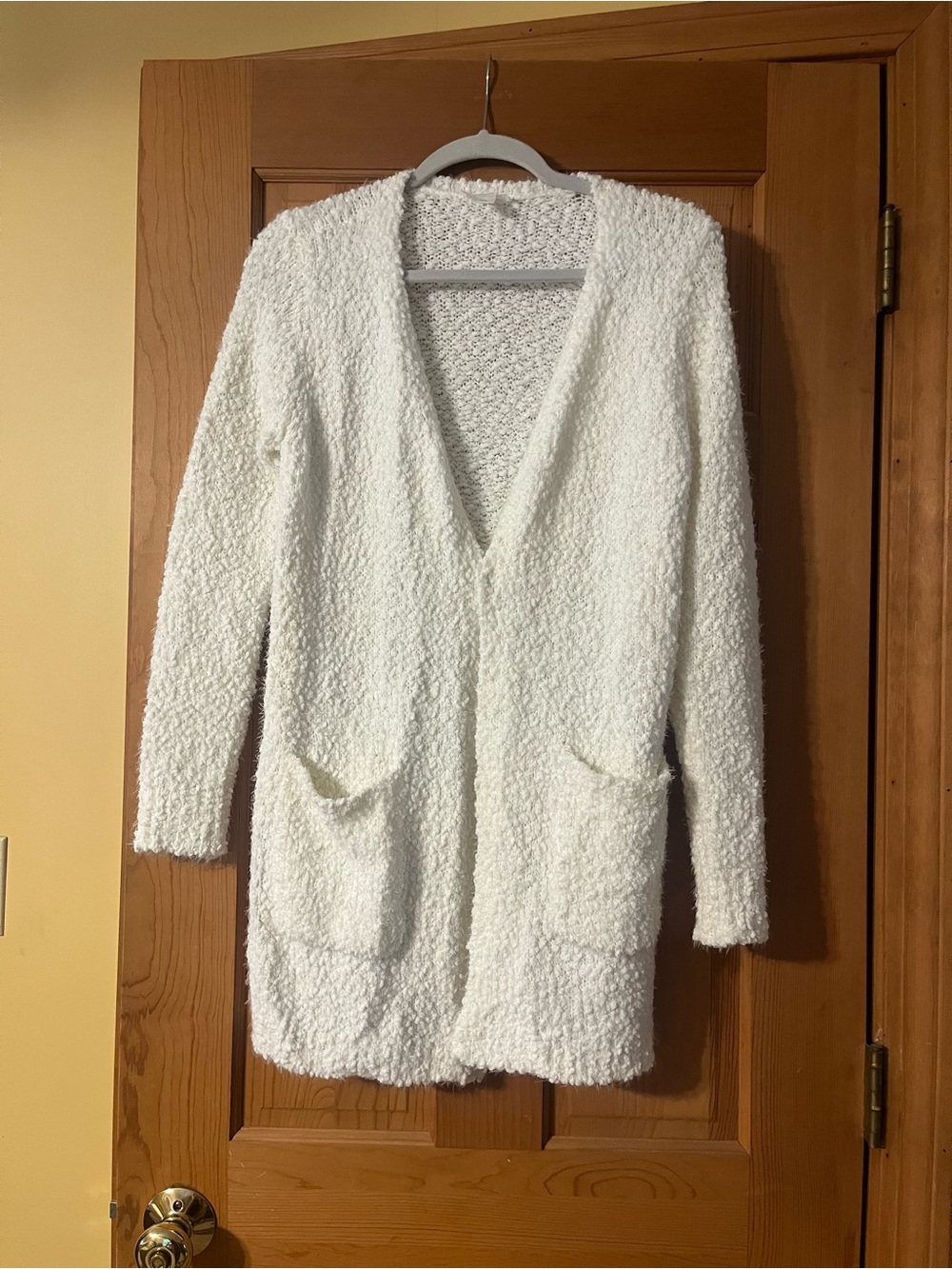 LOFT Cream Bouclé Open-Front Pocket Cardigan